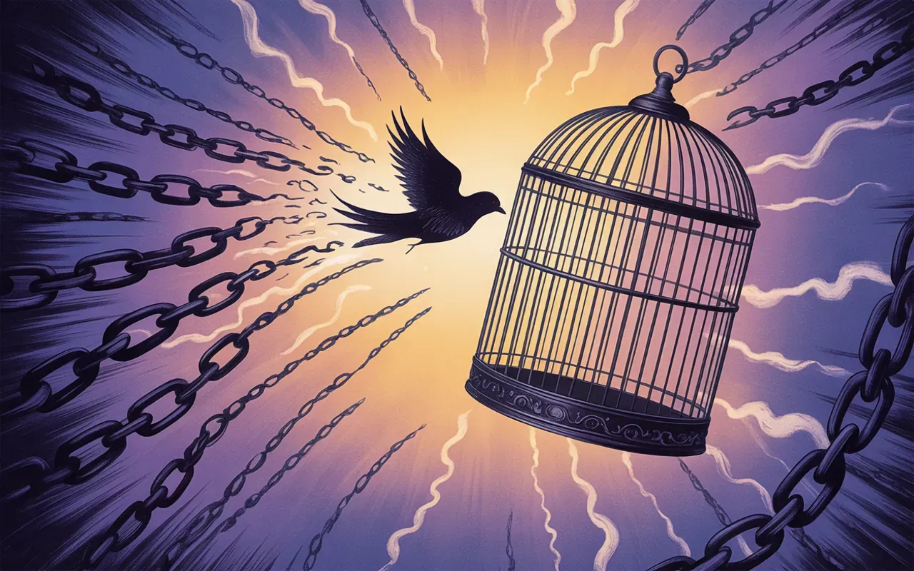 Surreal psychology illustration of birdcage symbolism, Jungian shadow imagery