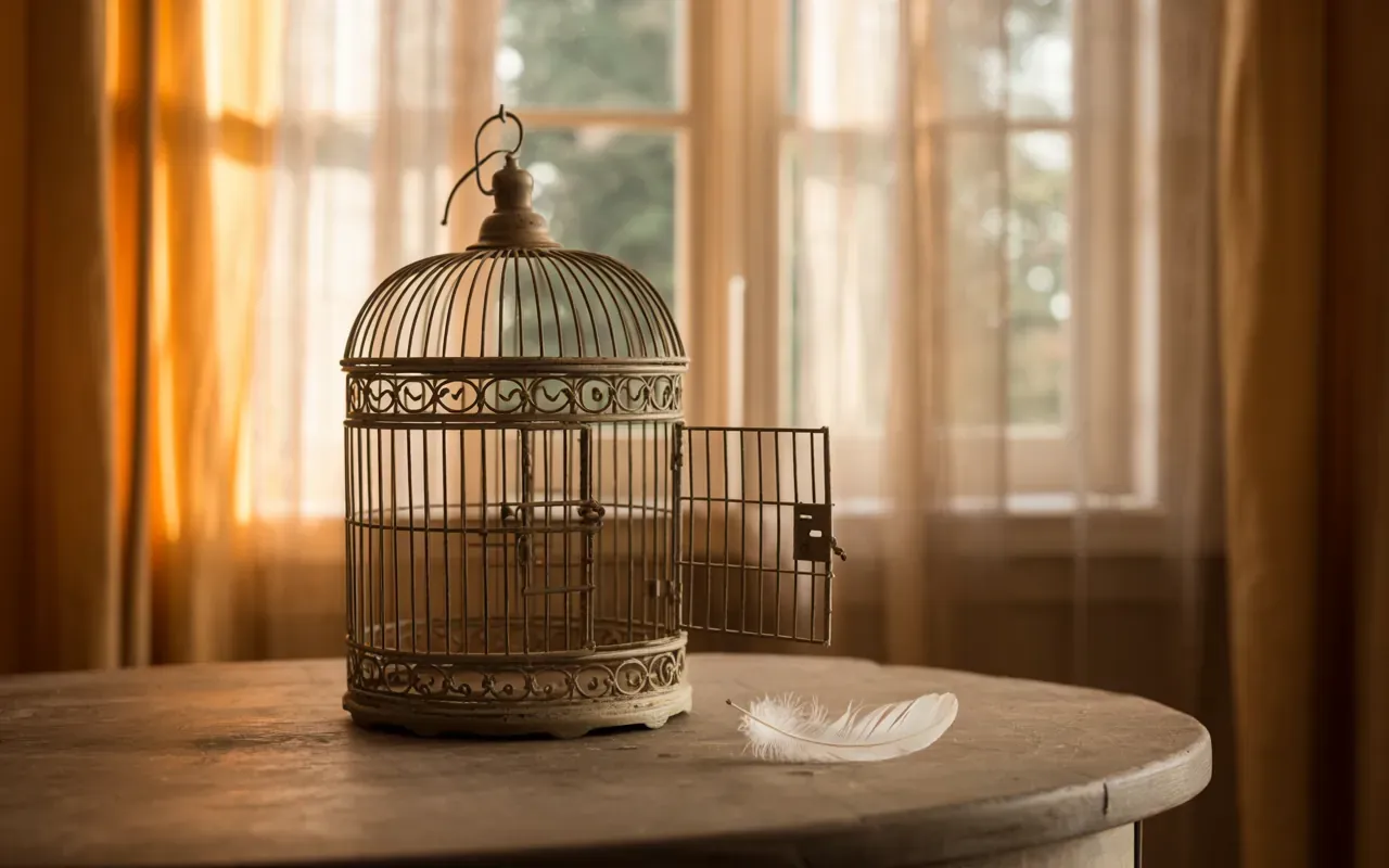 Photorealistic empty birdcage with open door, cinematic moonlit setting