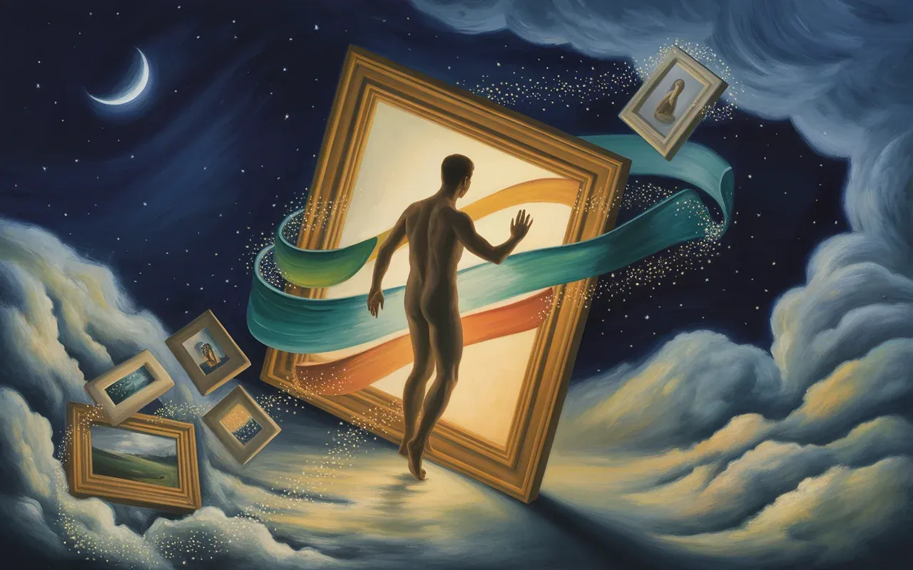 Human figure stepping through a glowing painting frame into a surrealist Jungian dreamscape with swirling teal and amber light