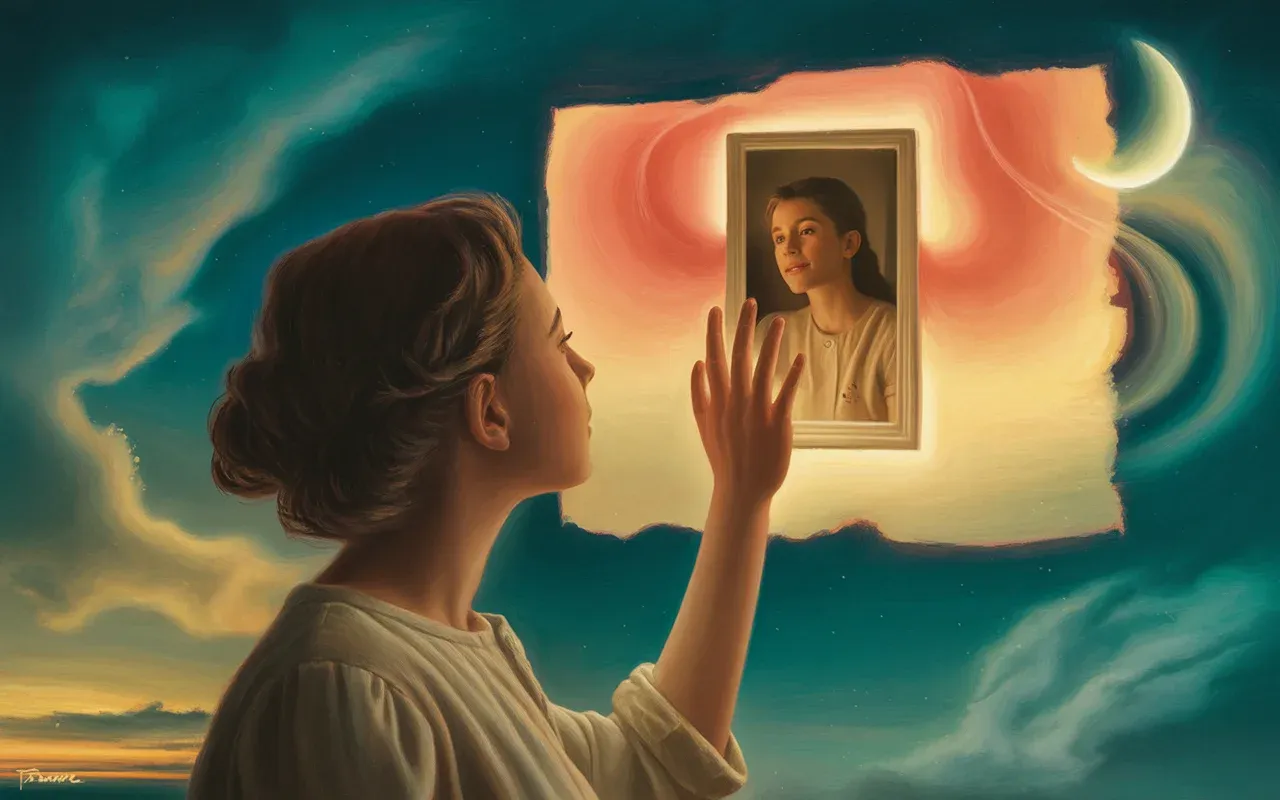 Young woman reaching through the glowing frame of a vintage photograph into a surrealist dreamscape with teal and coral light