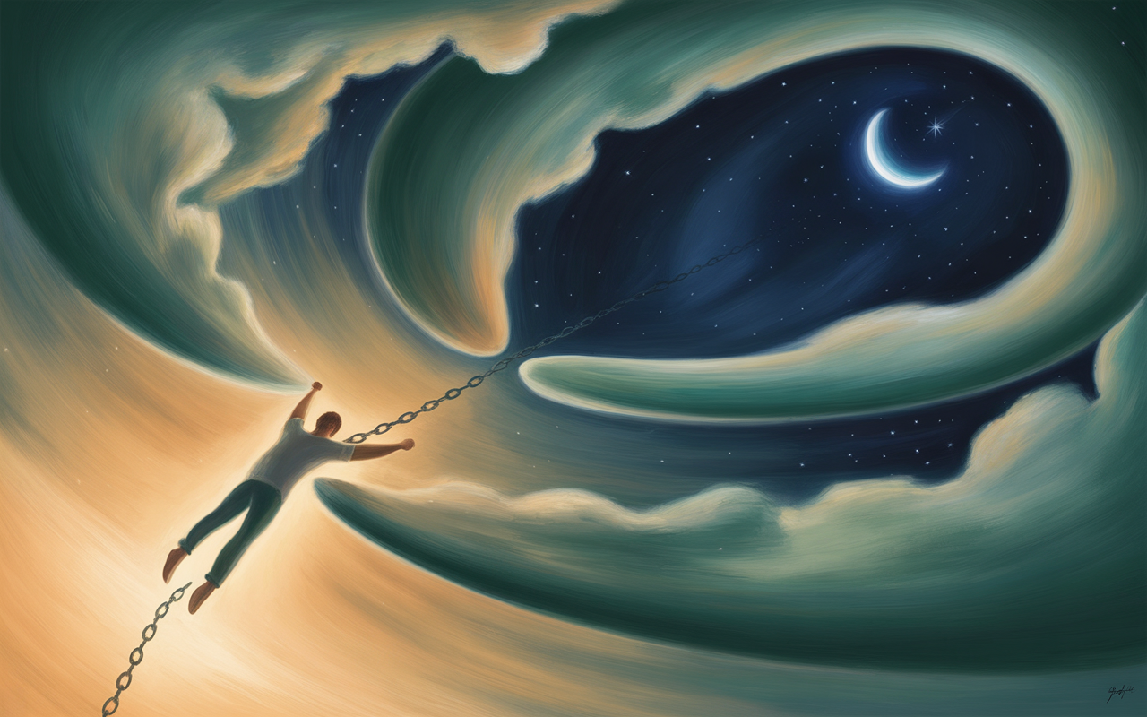 Abstract Jungian dreamscape showing a figure breaking free from chains, swirling teal and amber light against a deep navy sky