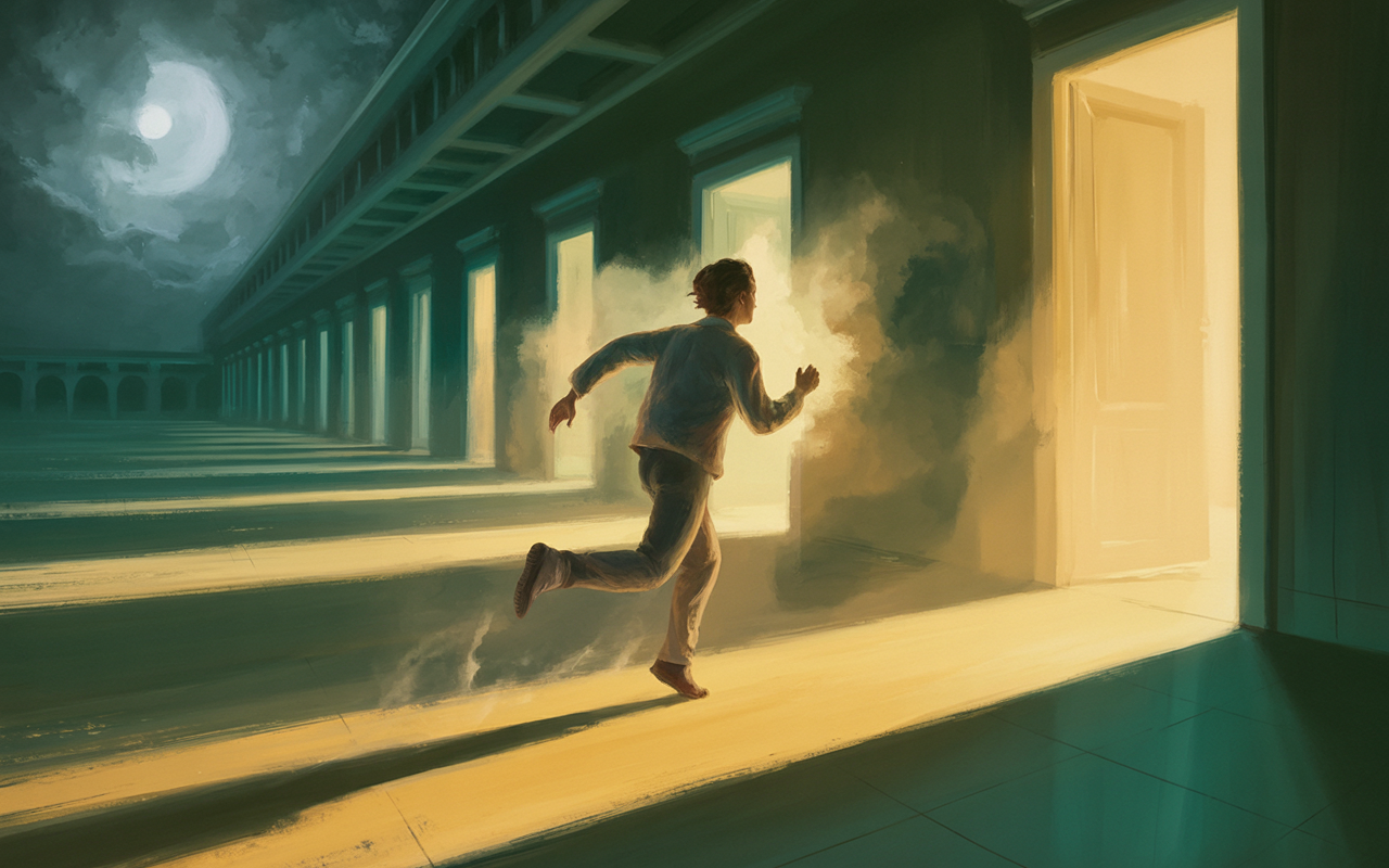 Person running through a surreal moonlit dreamscape corridor, glowing doorways dissolving around them, warm golden and teal dreamscape light