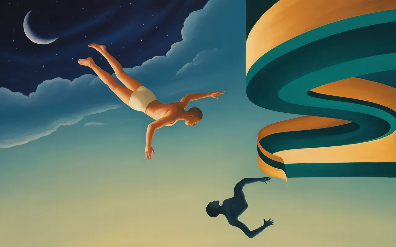 Abstract Jungian dreamscape showing a figure in freefall with teal and amber swirling light