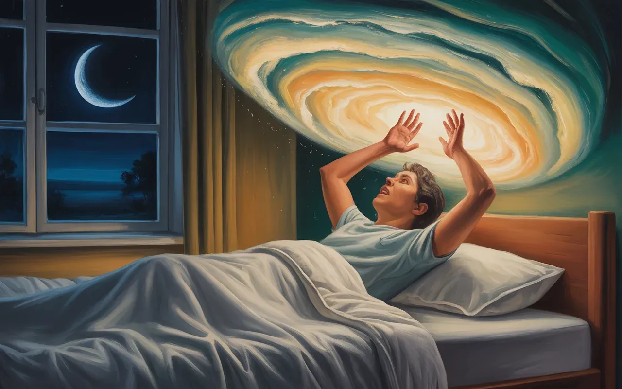 Person jolting awake from a falling dream, dreamscape dissolving with warm golden and teal light