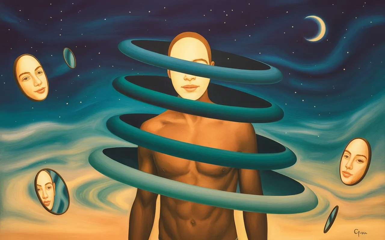 Abstract Jungian dreamscape showing a familiar glowing face on a stranger's body with teal and amber swirling light under a crescent moon