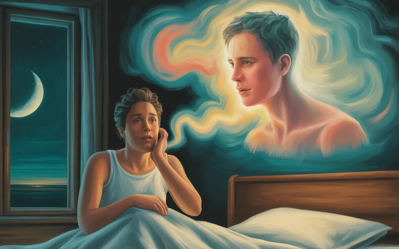 Person waking from dream with ghostly vision of a familiar face dissolving into teal and amber dreamscape mist above them