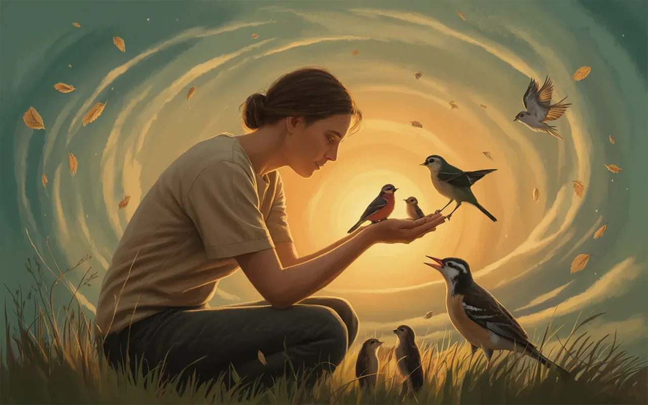 Person sitting in a golden dreamscape feeding birds and woodland creatures with teal light and floating leaves