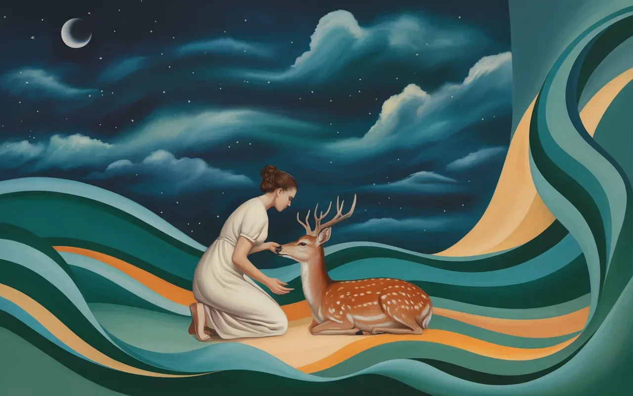 Woman feeding a deer in a surreal Jungian dreamscape with teal and amber light ribbons under a crescent moon