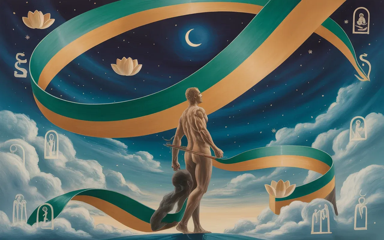 Abstract Jungian dreamscape showing a figure overcoming their shadow self, swirling teal and amber light