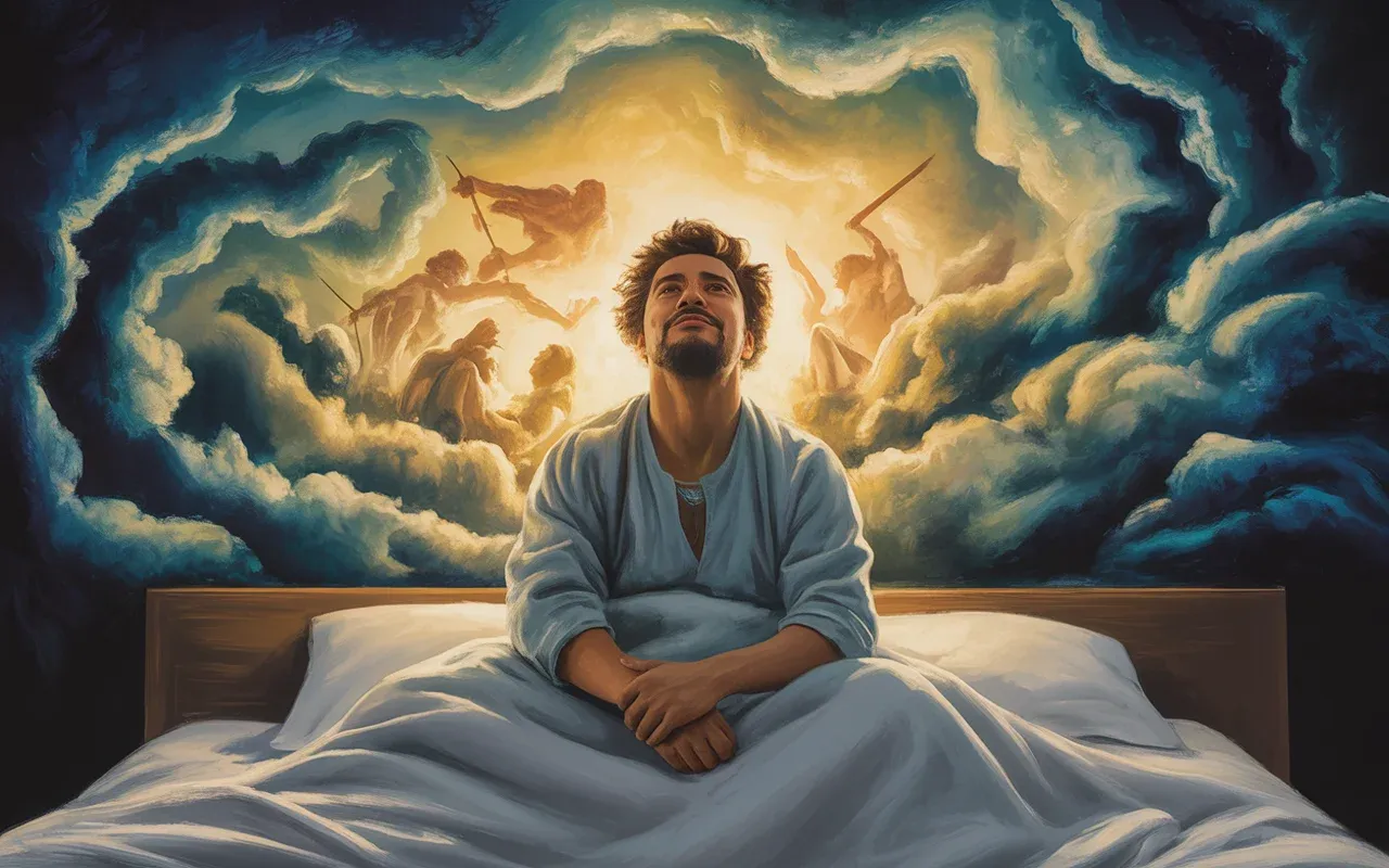 Person waking peacefully from an intense dream, golden and teal dreamscape fading in the background