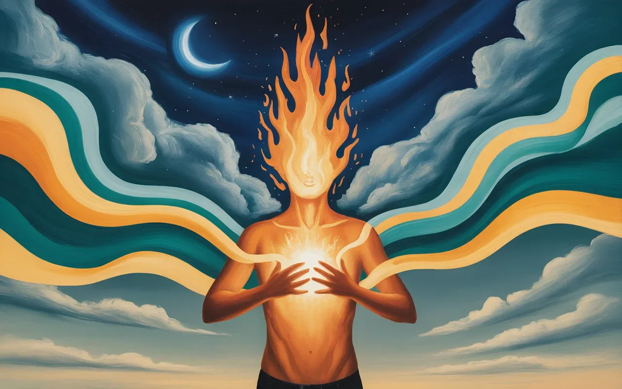 Abstract Jungian dreamscape showing a figure channeling inner fire energy with teal and amber light swirling