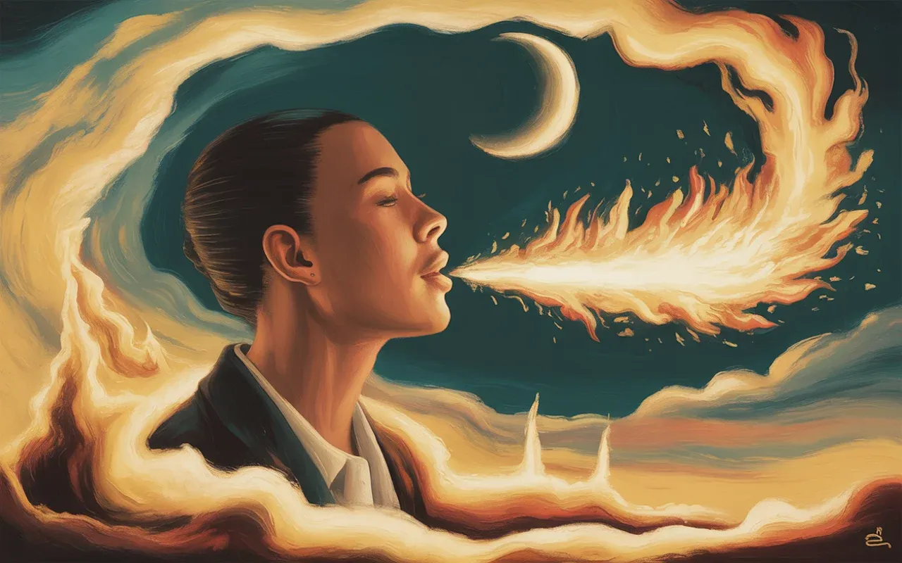 Person exhaling luminous fire in a surrealist dreamscape with golden teal light and crescent moon