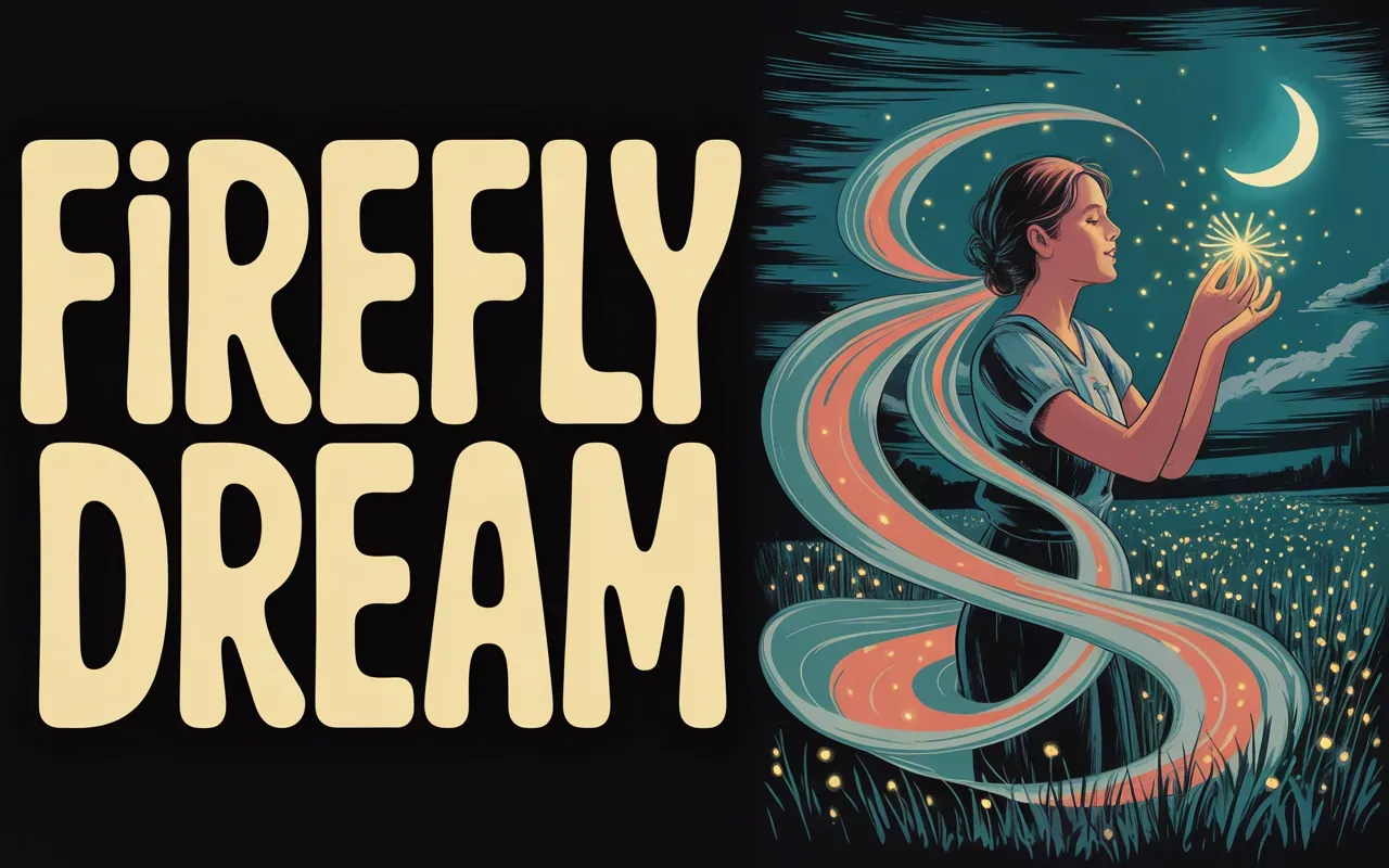 Woman catching glowing fireflies in a surrealist moonlit meadow dream