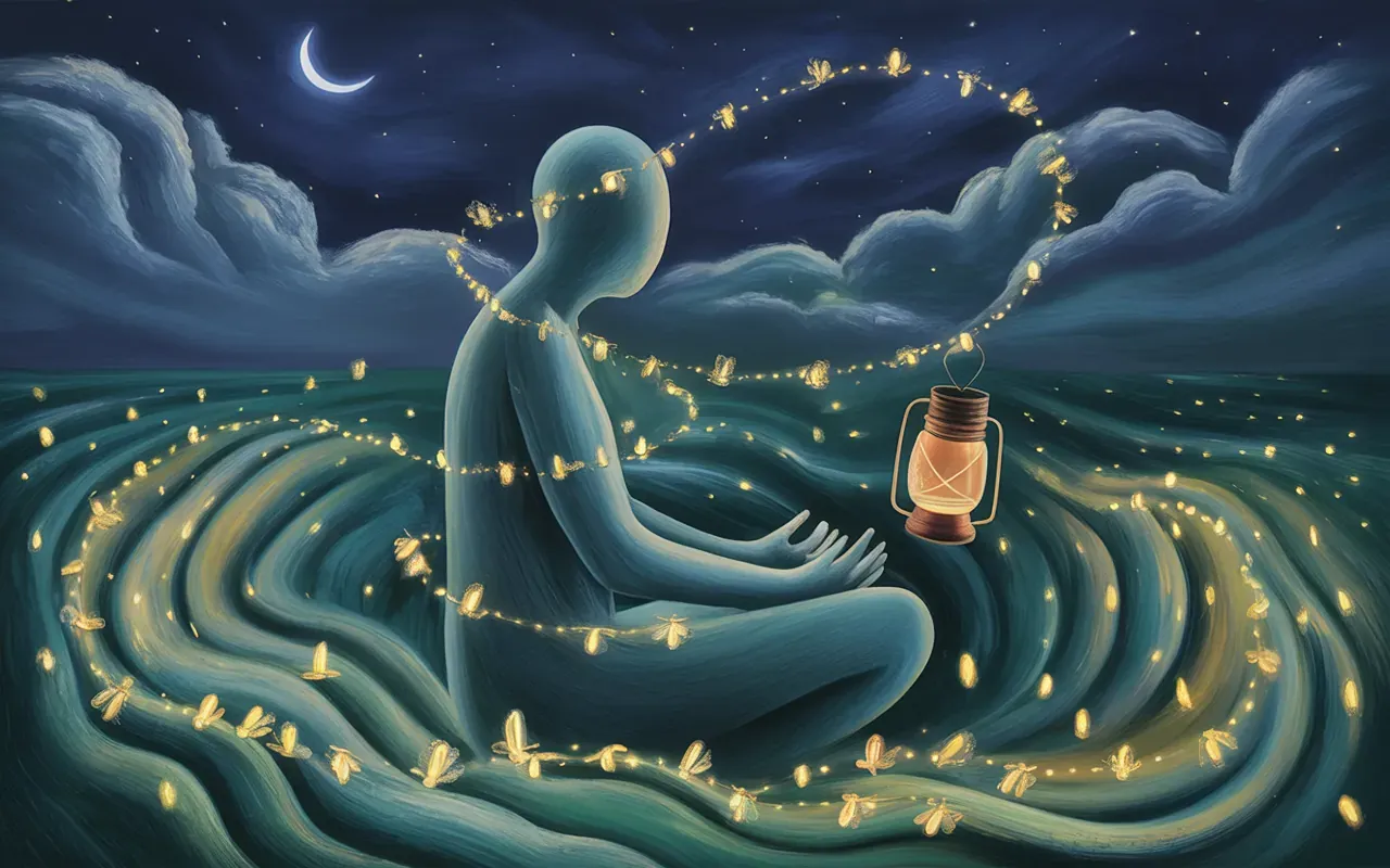 Abstract Jungian dreamscape with fireflies forming constellation patterns around a meditating silhouette