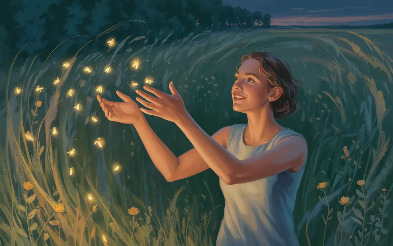 Woman reaching out to glowing fireflies in a summer meadow at dusk in a dream