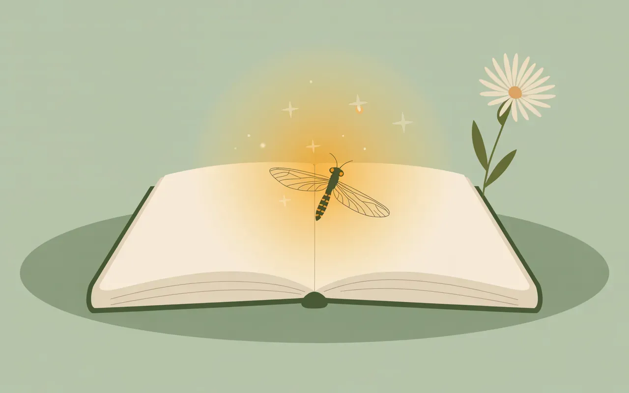 Open journal with a glowing firefly resting on the page beside a wildflower