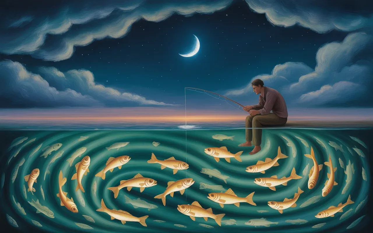 Jungian figure fishing in glowing subconscious waters surrounded by archetypal symbols under a crescent moon
