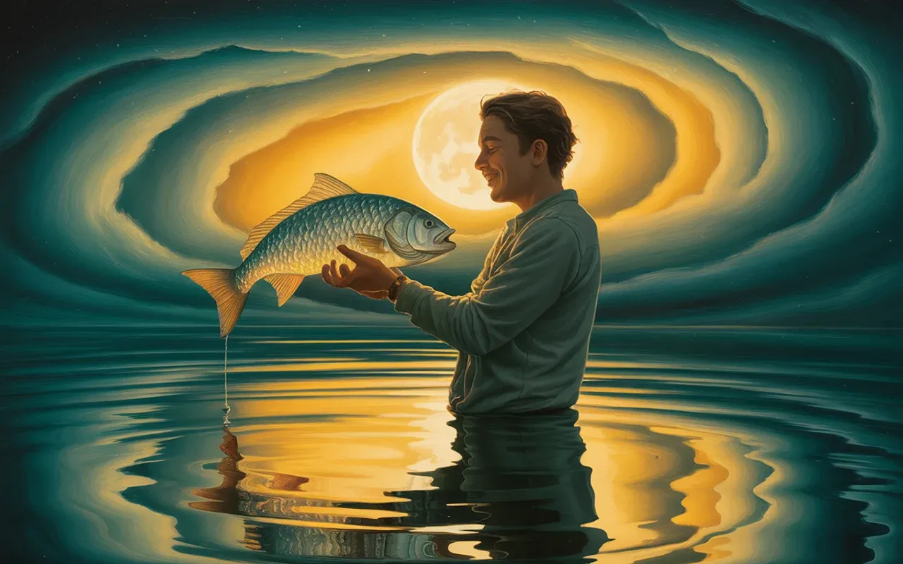 Person standing in moonlit water holding a glowing fish with a look of spiritual wonder and revelation
