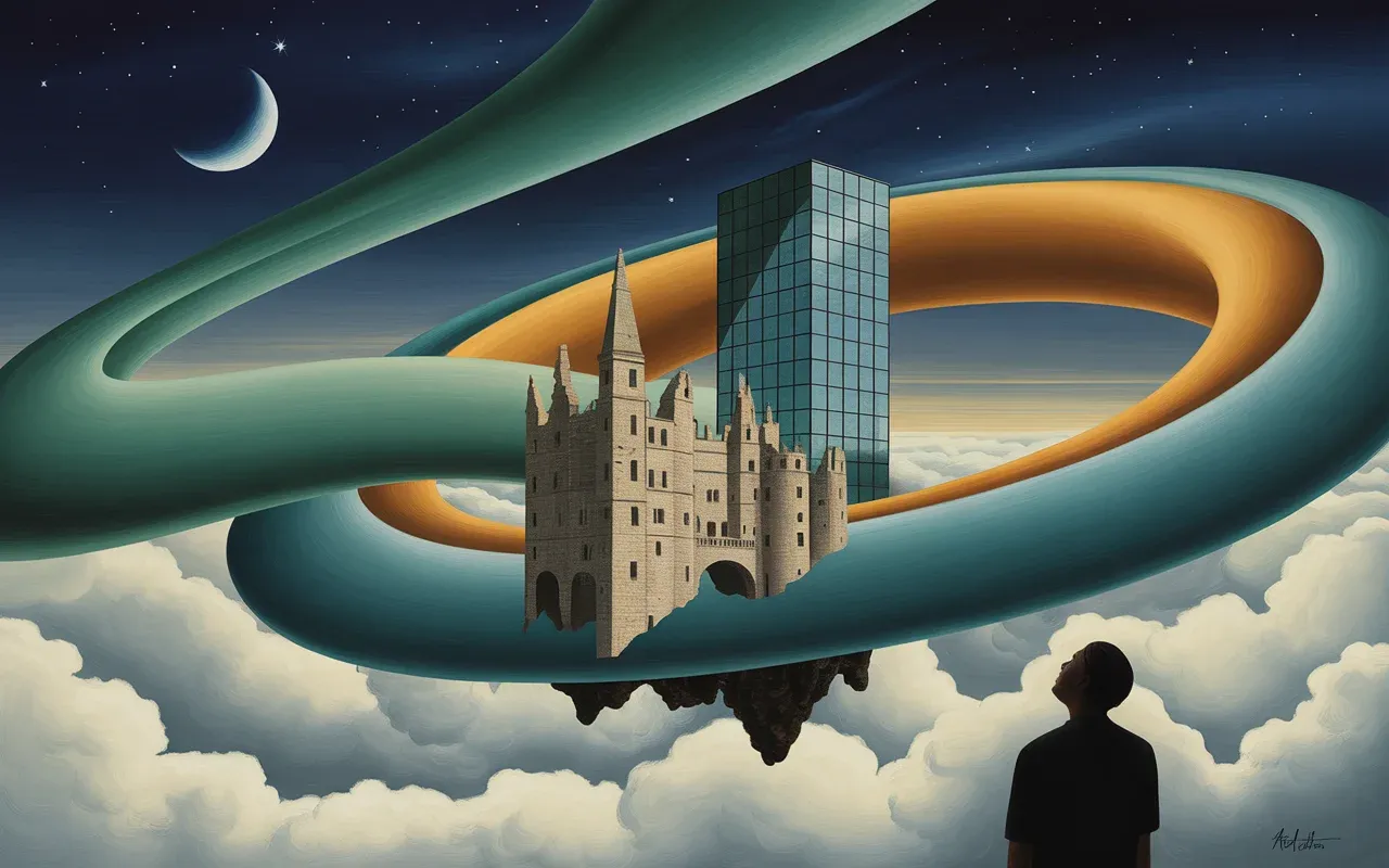 Ancient castle and skyscraper floating in a Jungian dreamscape with teal and amber light ribbons and crescent moon