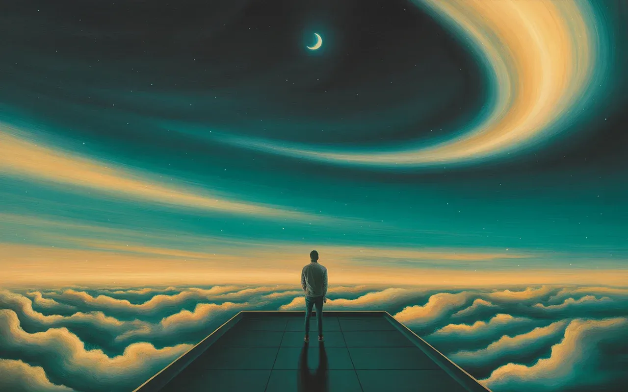 Person standing on a rising rooftop looking out over clouds in a surreal teal and golden dreamscape
