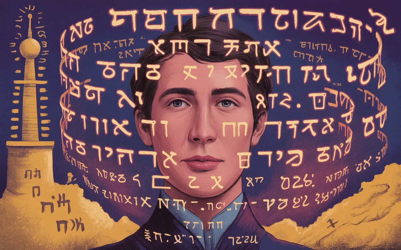 Surreal Jungian dream illustration of universal language fluency — glowing multilingual script symbols surrounding a dreamer, purple and gold palette