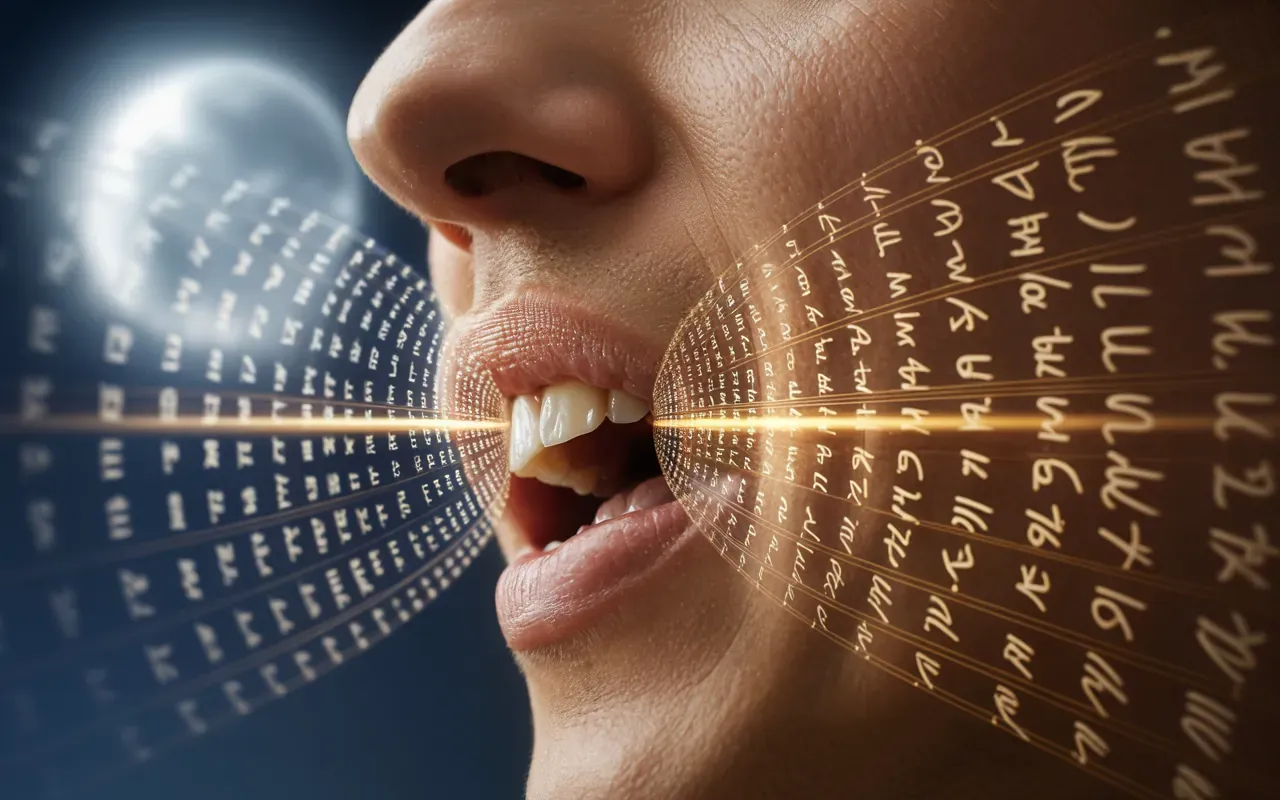 Photorealistic close-up of lips speaking with golden multilingual script radiating outward — cinematic dream imagery of universal communication