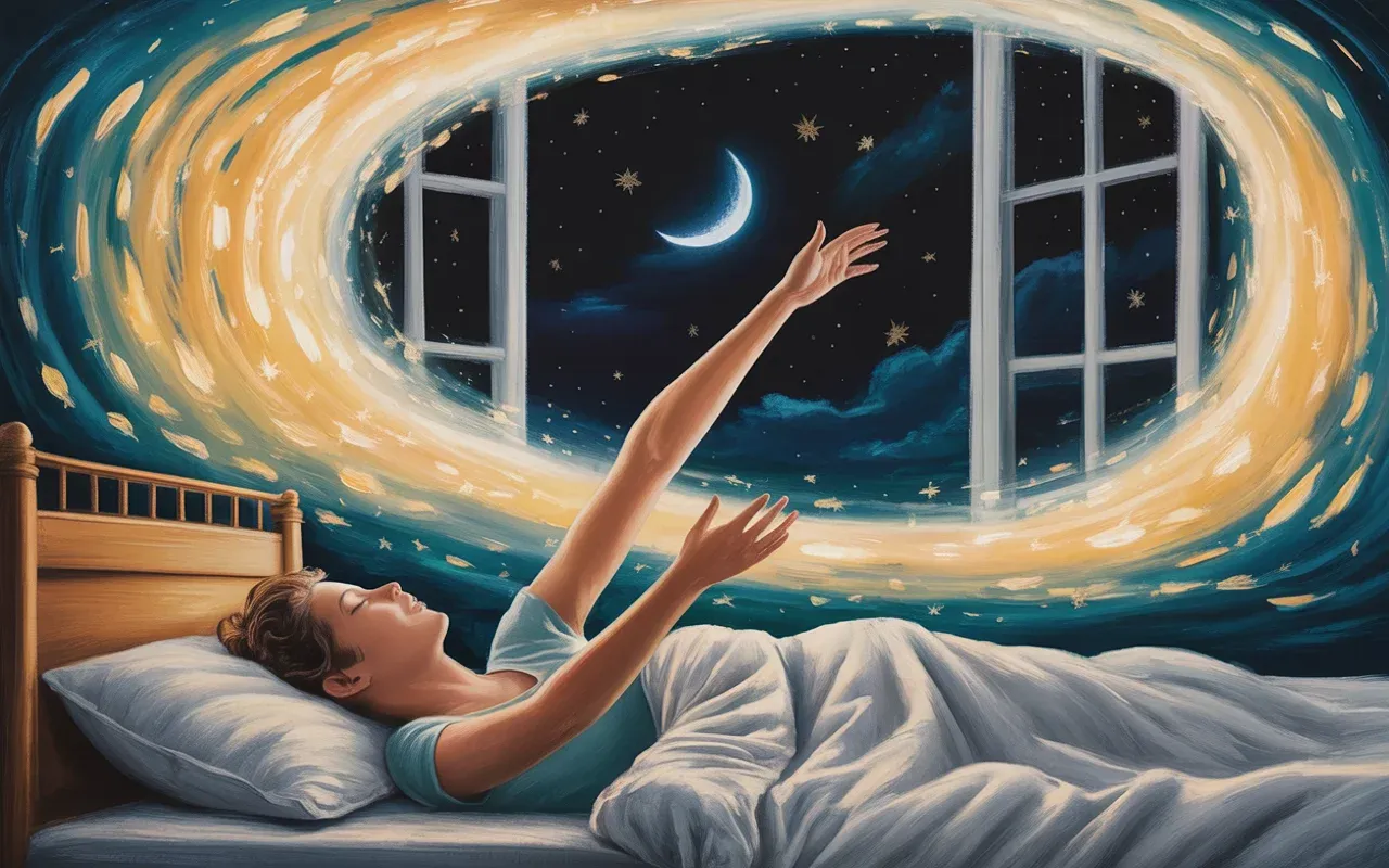Person's dream-self rising from sleeping body and soaring through a starlit window in a surrealist dreamscape