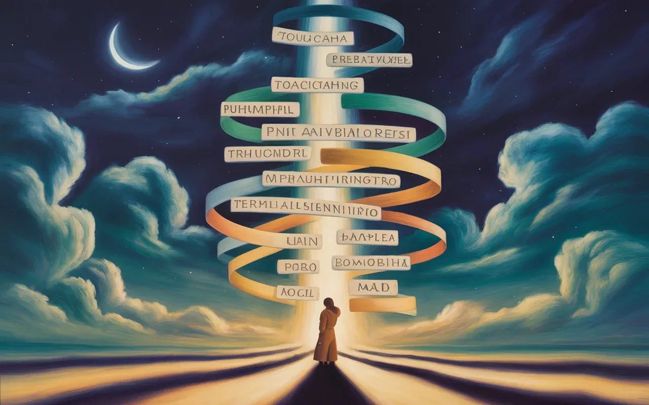 Woman at crossroads in surreal dreamscape with multilingual text and glowing ribbons representing the psychology of foreign language dreams