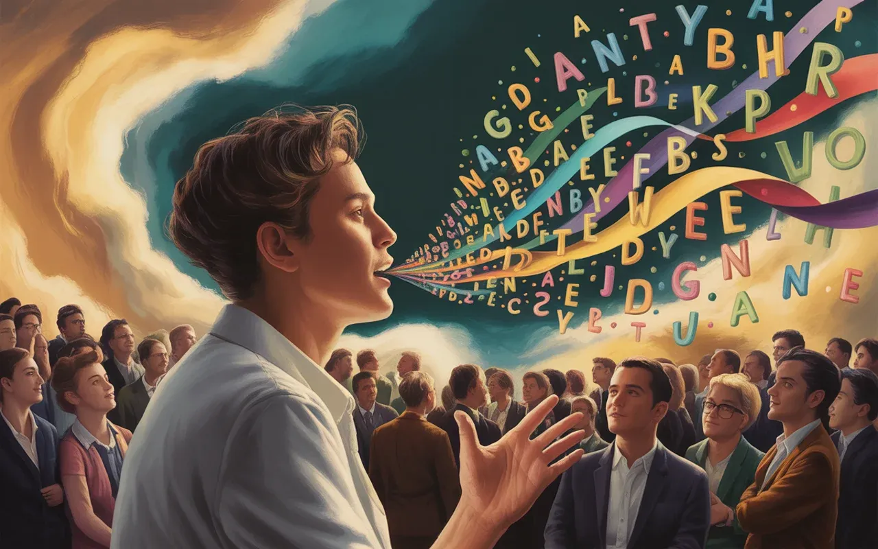 Person speaking with colorful word ribbons flowing from mouth in a dreamlike setting representing foreign language dream scenarios
