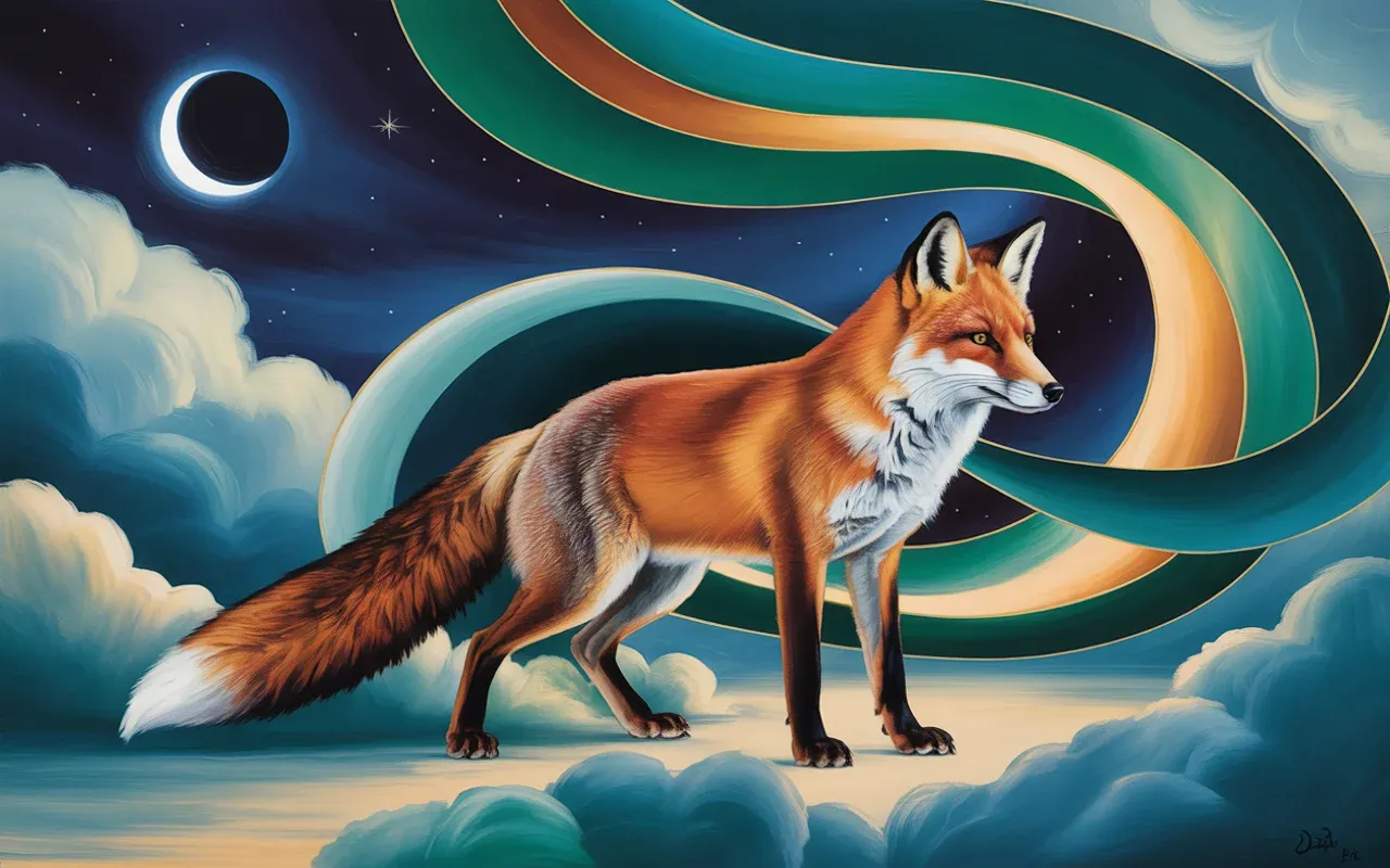 A red fox spirit in a Jungian dreamscape with teal and amber swirling light, crescent moon, painterly surrealist style