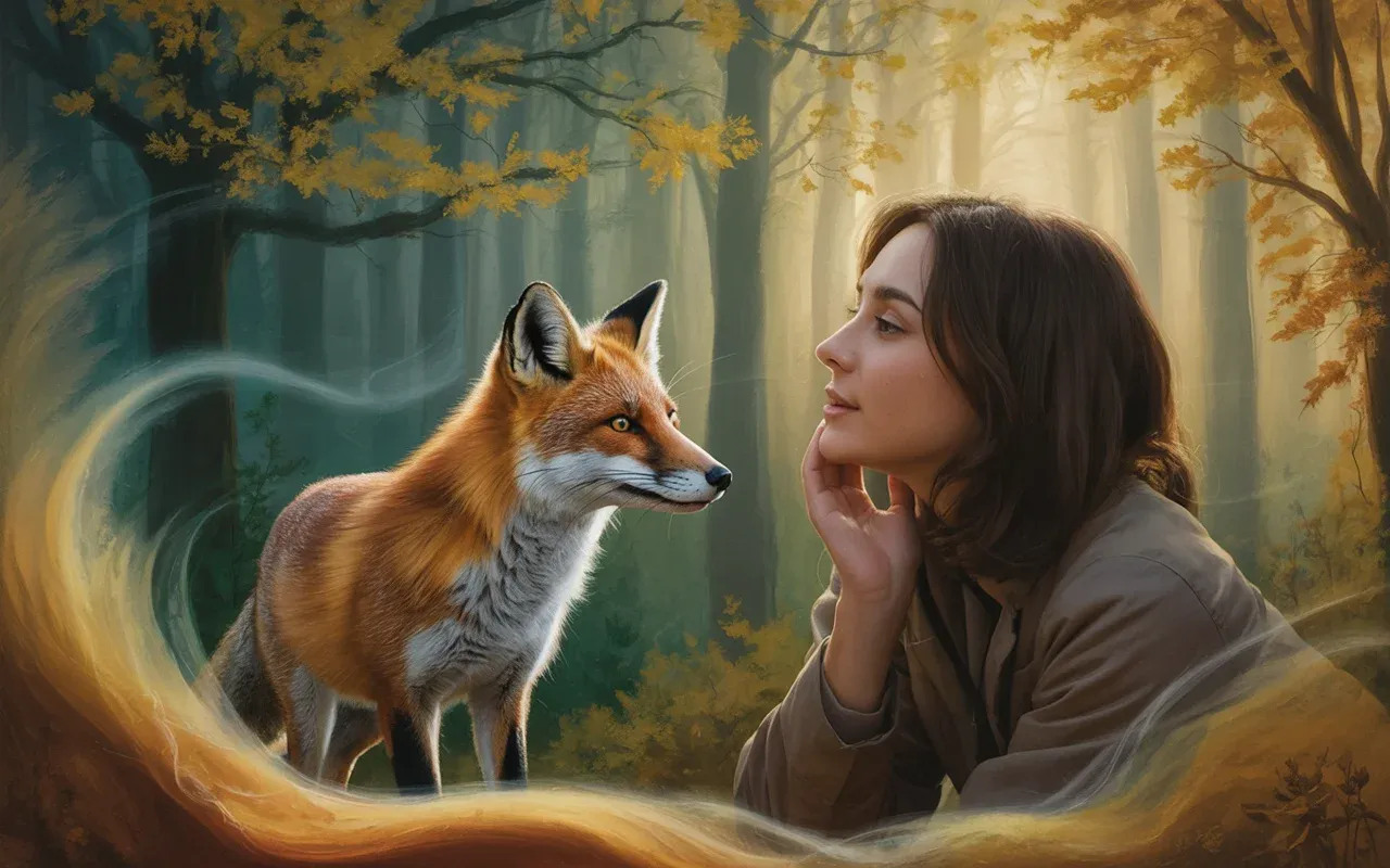A woman in a dreamscape encountering a glowing fox in misty forest, warm golden and teal light, semi-realistic painterly style