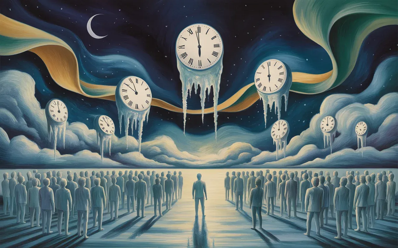 Abstract Jungian dreamscape — lone figure glowing with awareness surrounded by frozen silhouettes and floating clock faces under a crescent moon