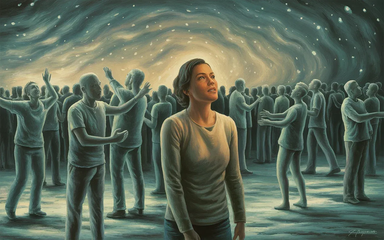 Woman standing alone in a frozen crowd, warm golden and teal dreamscape light, everyone around her suspended mid-motion