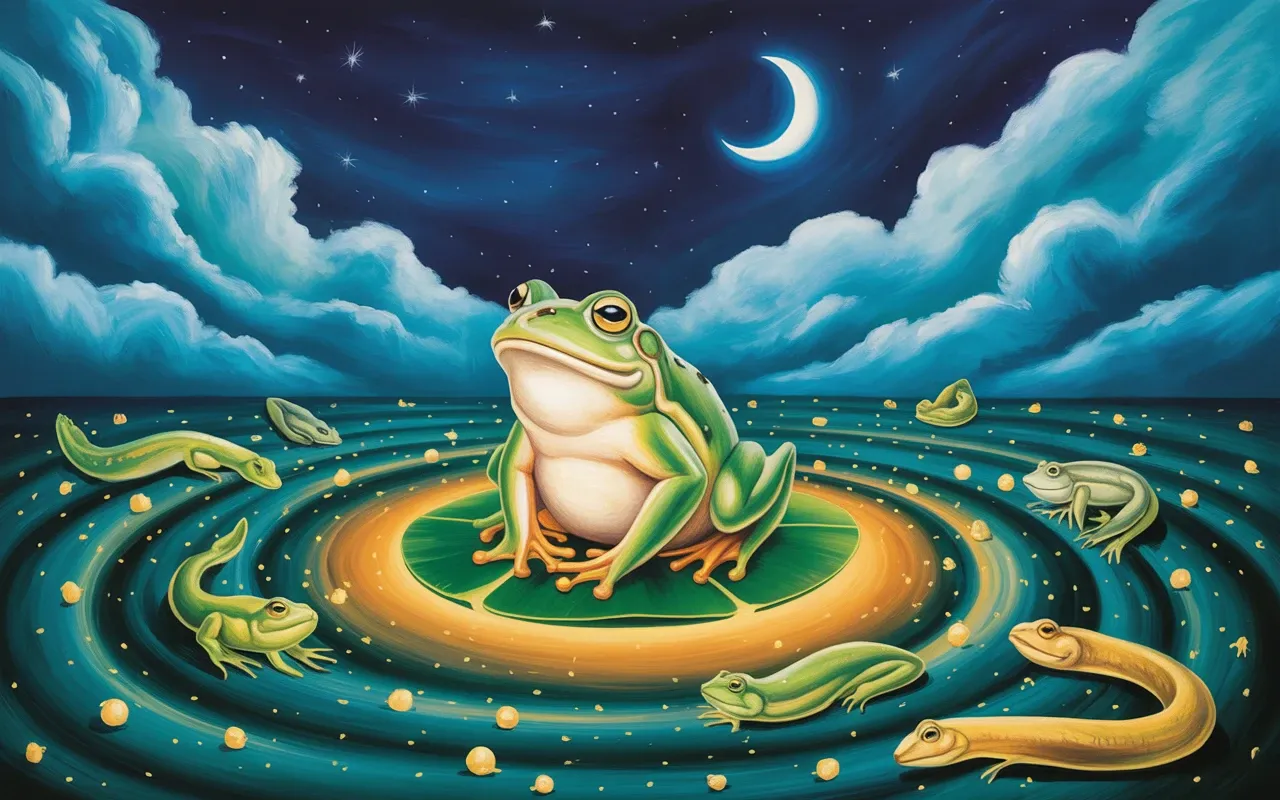Frog spirit guide in Jungian dreamscape with swirling teal and amber light, crescent moon, surrealist oil painting style