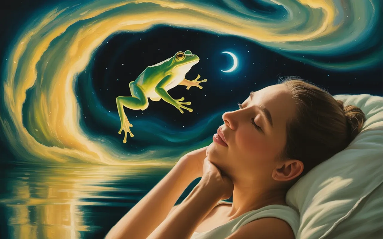 Woman dreaming of luminous frog in surreal night dreamscape with golden teal light and crescent moon reflection