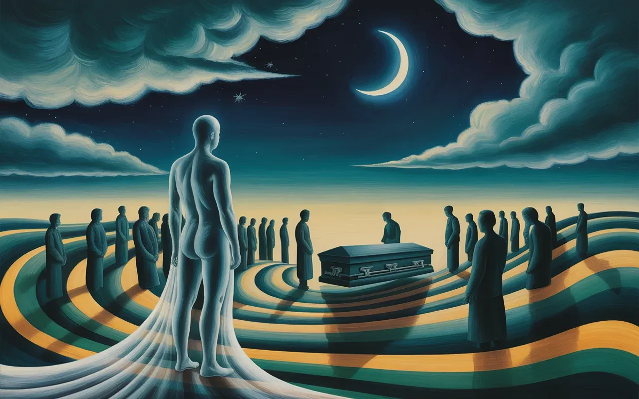 Spirit figure watching its own funeral in a surrealist Jungian dreamscape with teal and amber light