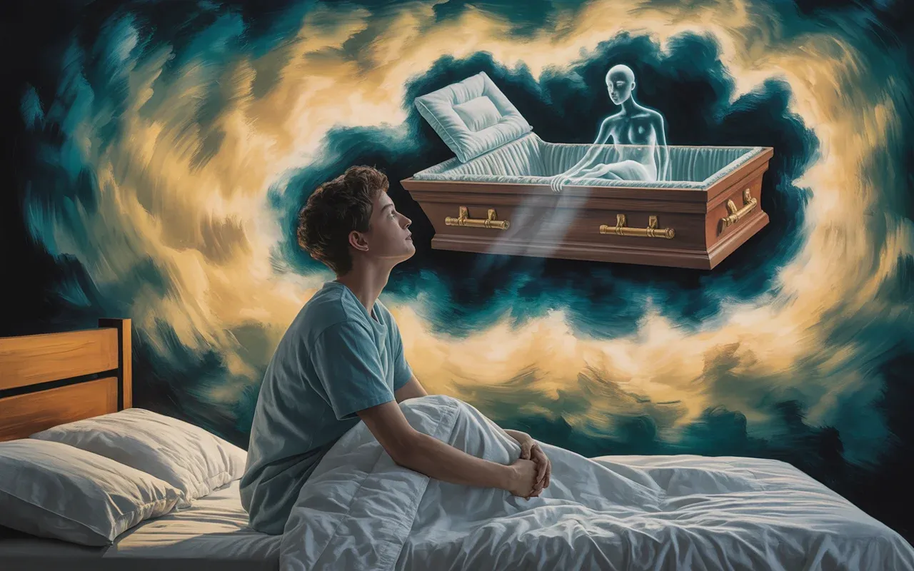 Person awakening from a dream with a ghostly image of themselves floating above in a moonlit bedroom dreamscape