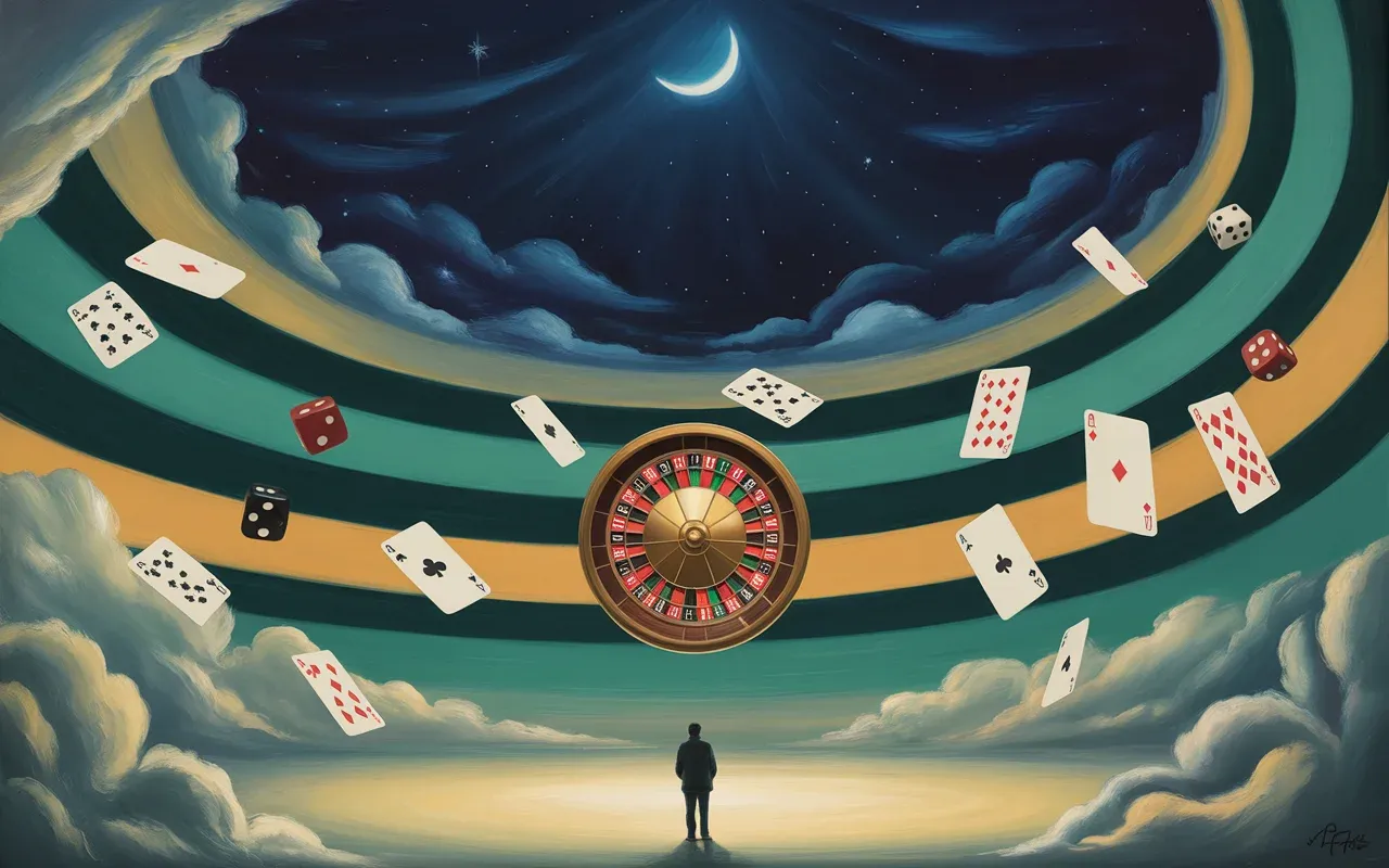 Surreal dreamscape with a figure before a glowing roulette wheel floating in a starlit sky with teal and amber ribbons