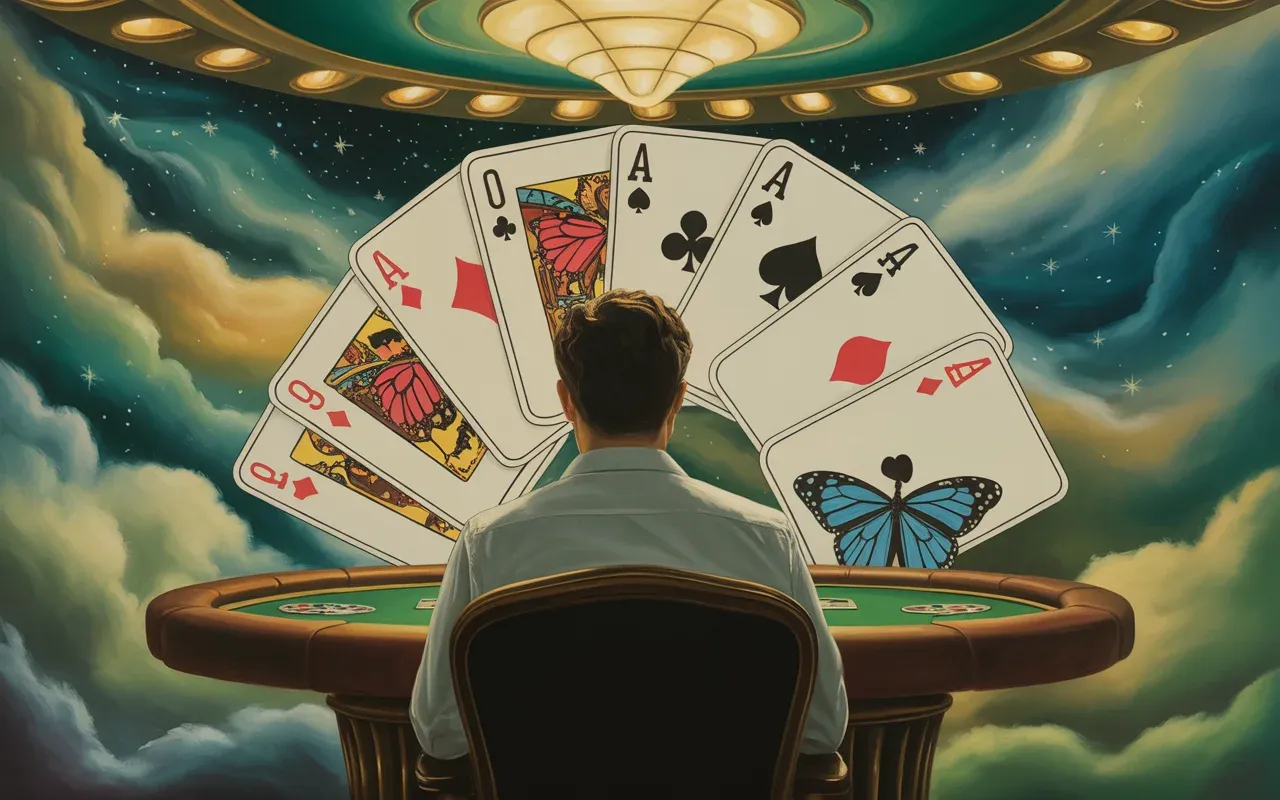 Person sitting at a poker table in a surreal floating casino with cards transforming into butterflies under moonlight