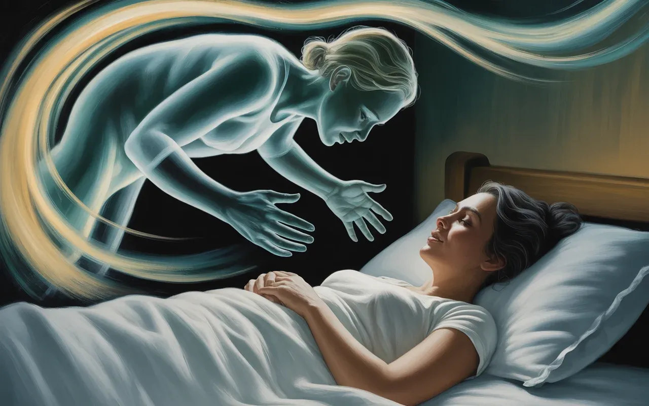 Woman in a dream encountering the spirit of a living friend, soft golden dreamscape light