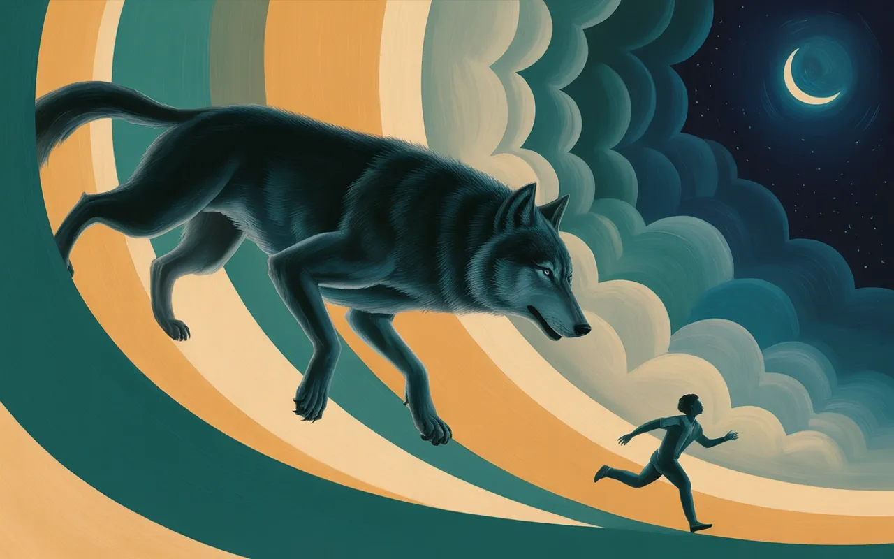 Person fleeing a towering giant wolf in a surreal Jungian dreamscape with swirling teal and amber light