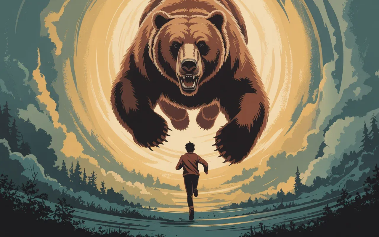 Person running through a surreal misty dreamscape while an enormous bear looms overhead in golden and teal light