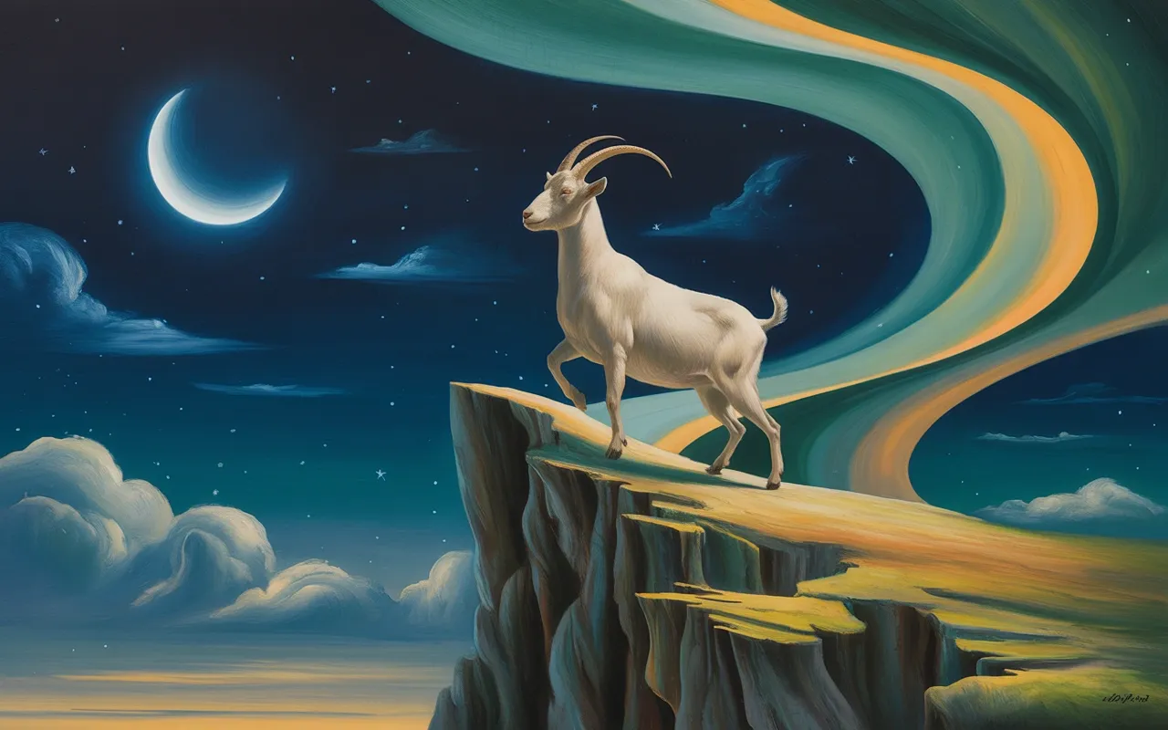 Goat spirit animal in Jungian dreamscape with surreal symbolic energy and night sky