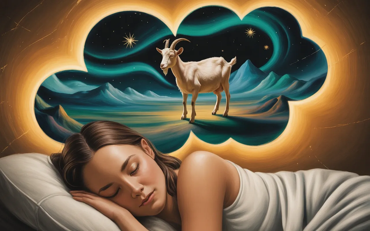 Person experiencing a vivid goat dream in a painterly surreal dreamscape with warm golden light