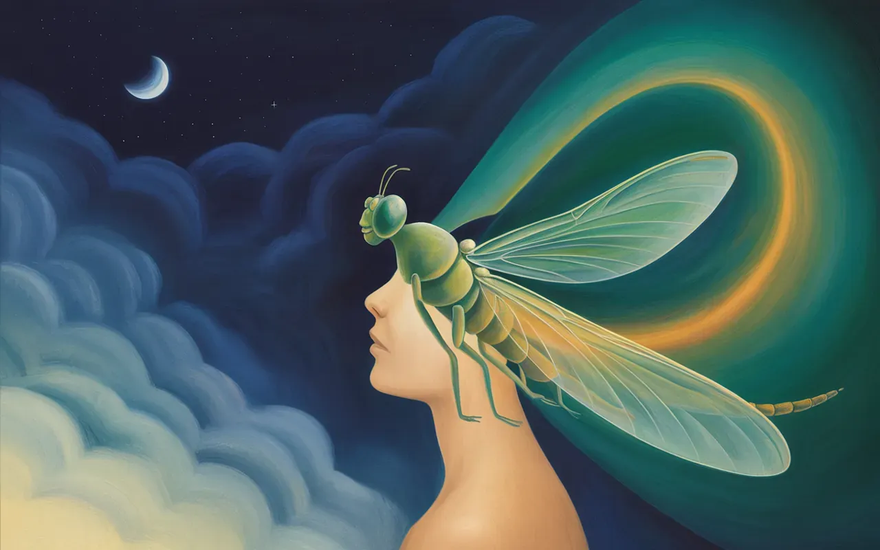 Abstract Jungian dreamscape showing dragonfly and human form merging in teal light