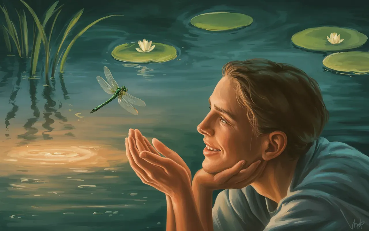 Person sitting by a pond watching a green dragonfly hover in a dreamscape