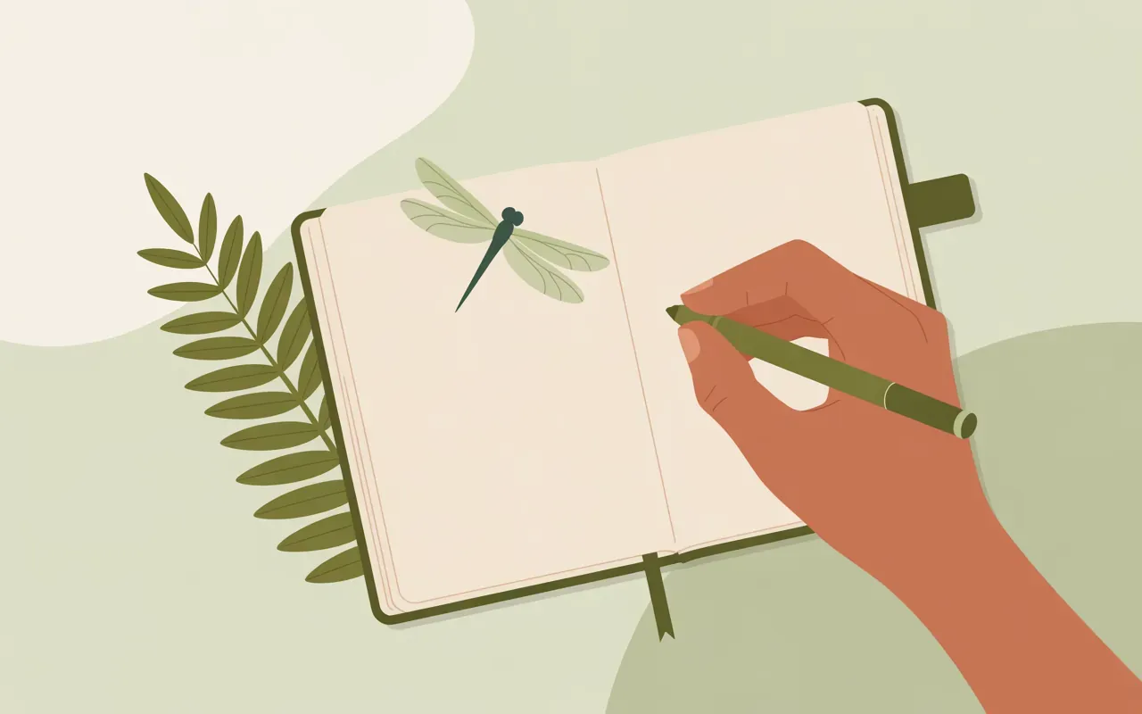 Minimal illustration of journaling with a small green dragonfly on the page