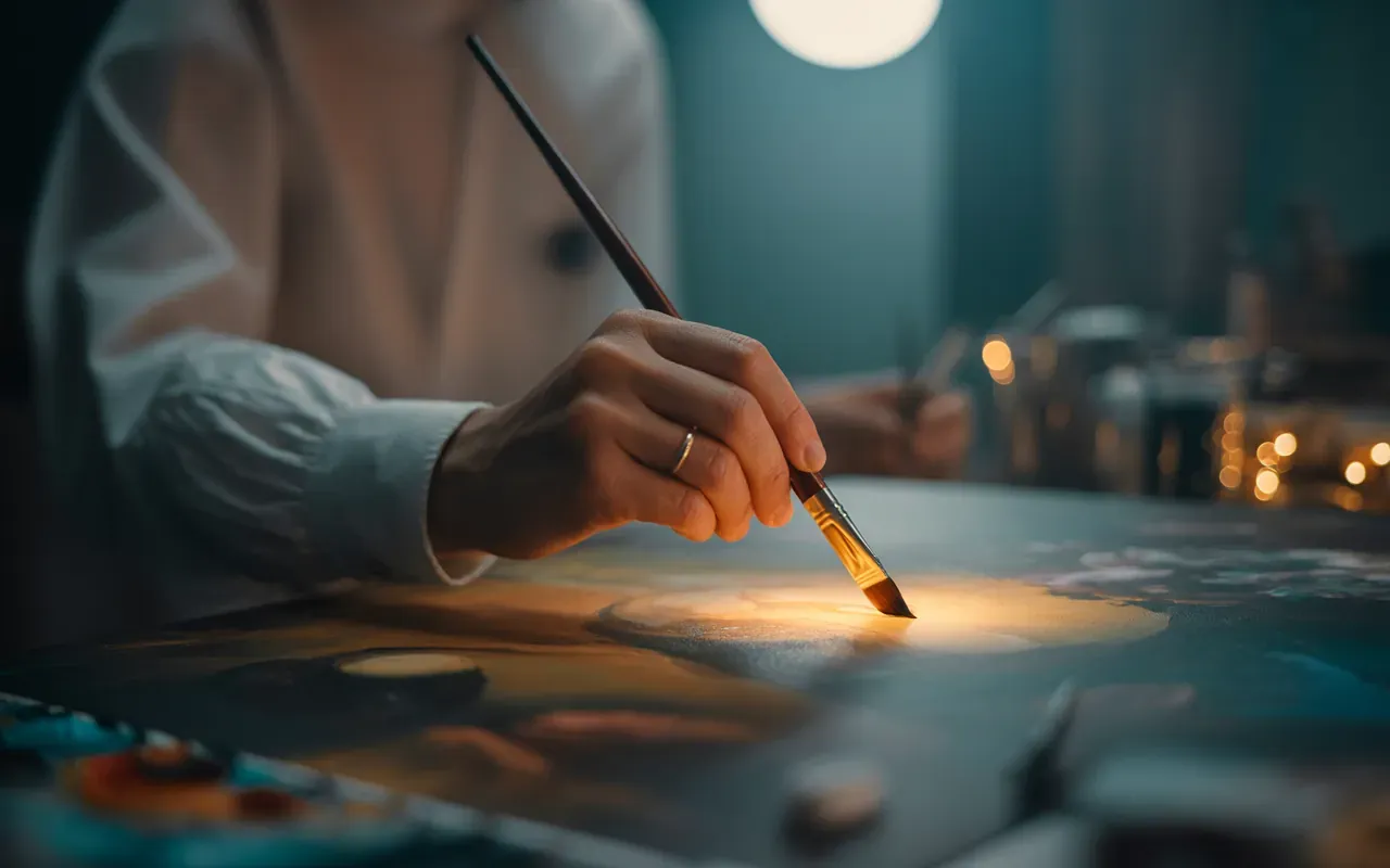 Hands glowing with golden light while creating art — cinematic dreamlike close-up of hidden talent emerging