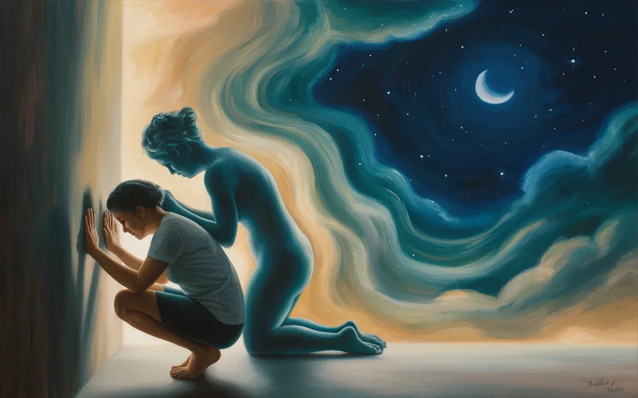 Person hiding in a dreamscape with shadow self archetype emerging behind them, Jungian symbolism with teal and amber swirling light