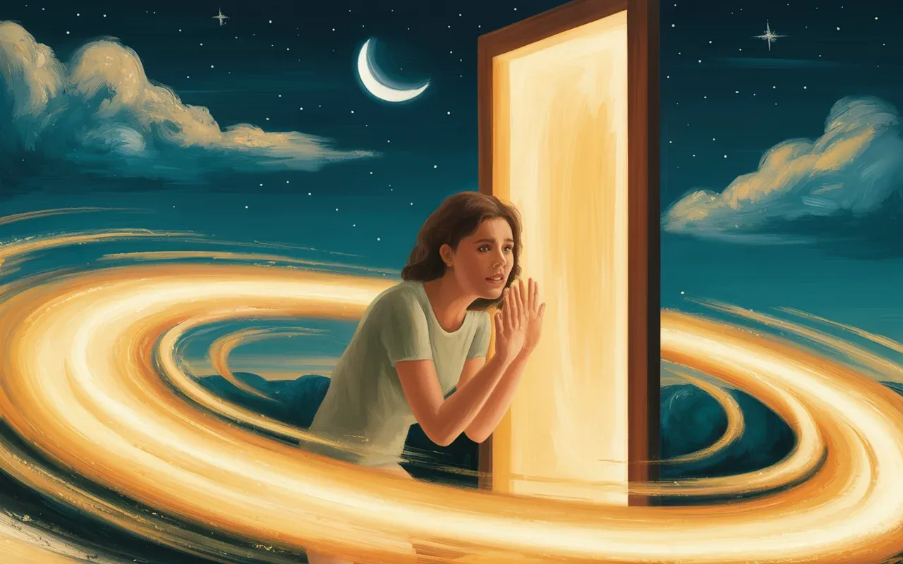 Young woman hiding behind a glowing doorway in a surrealist dreamscape with teal and golden light ribbons flowing around her